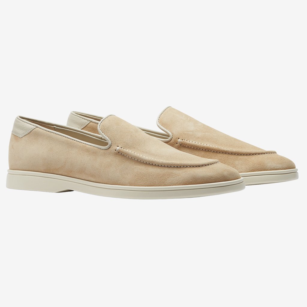 A pair of Sand Beige Suede Slip On Sneakers by CQP with white soles.
