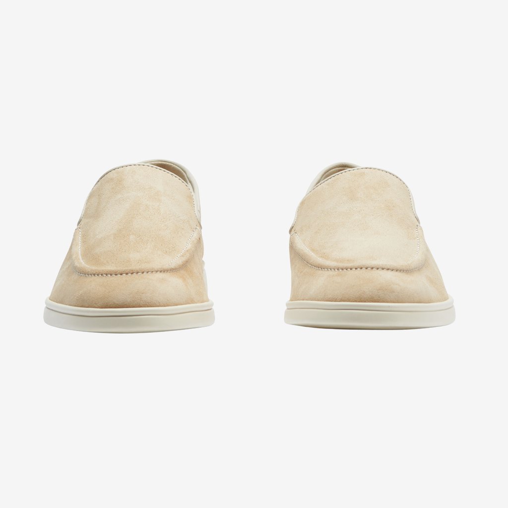 A pair of CQP Sand Beige Suede Slip On Sneakers on a white background.