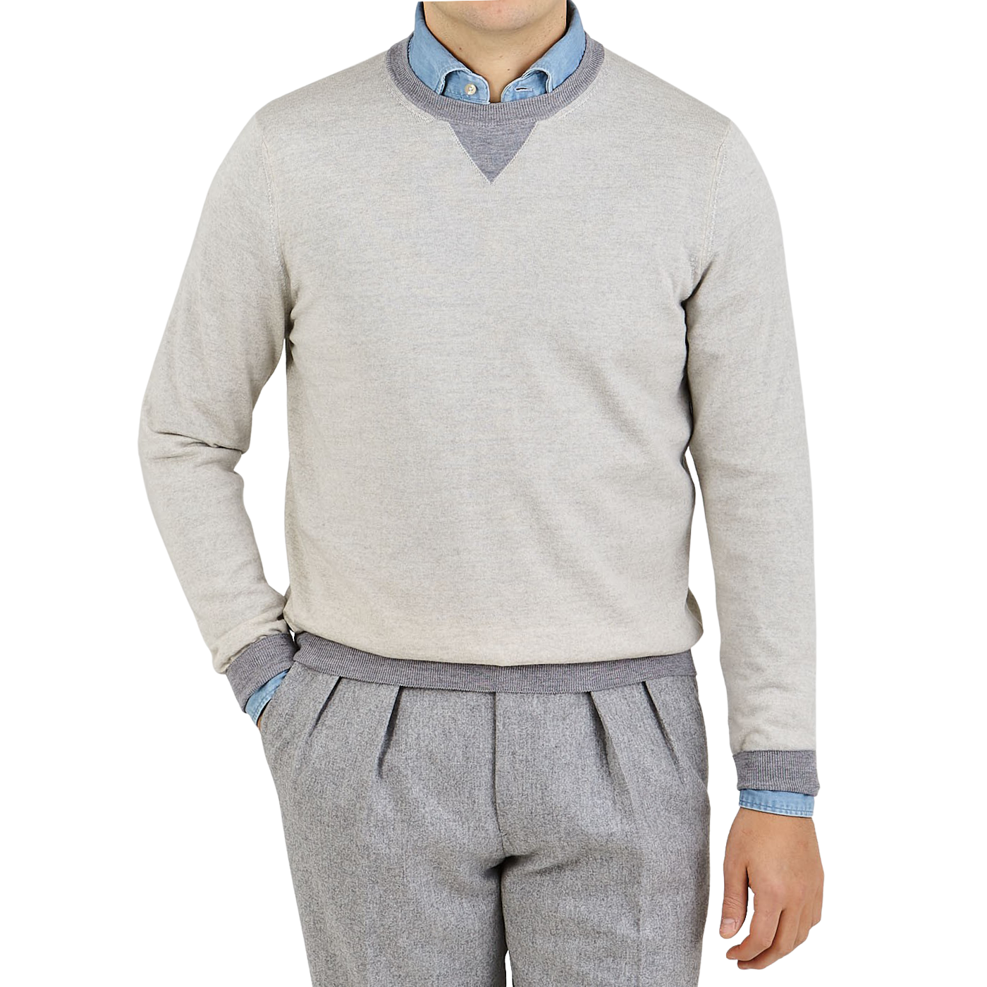 Canali Beige Grey Merino Wool College Sweater Front
