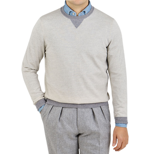 Canali Beige Grey Merino Wool College Sweater Front