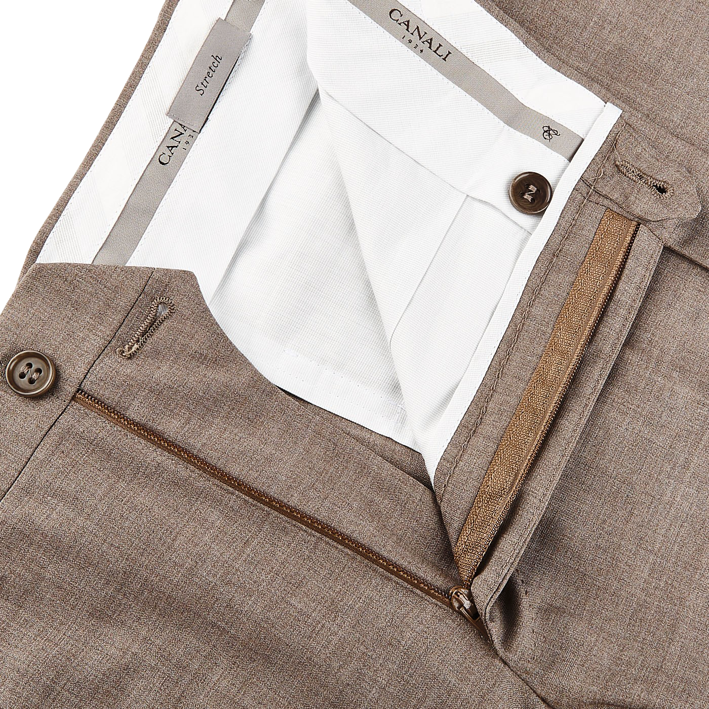 Canali Beige Grey Wool Stretch Flat Front Trousers Zipper