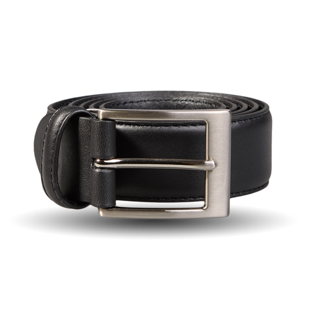 A Canali black matt calf leather 35mm belt with a silver buckle that exudes timeless elegance.