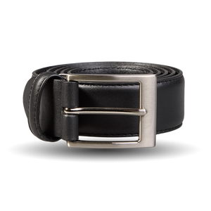 A Canali black matt calf leather 35mm belt with a silver buckle that exudes timeless elegance.
