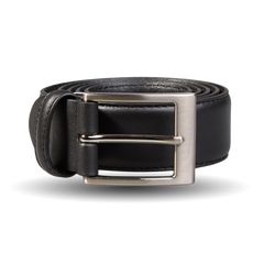 A Canali black matt calf leather 35mm belt with a silver buckle that exudes timeless elegance.