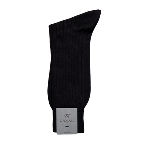 High-quality Canali Black Ribbed Cotton Socks with a hand-linked toe on a white background.