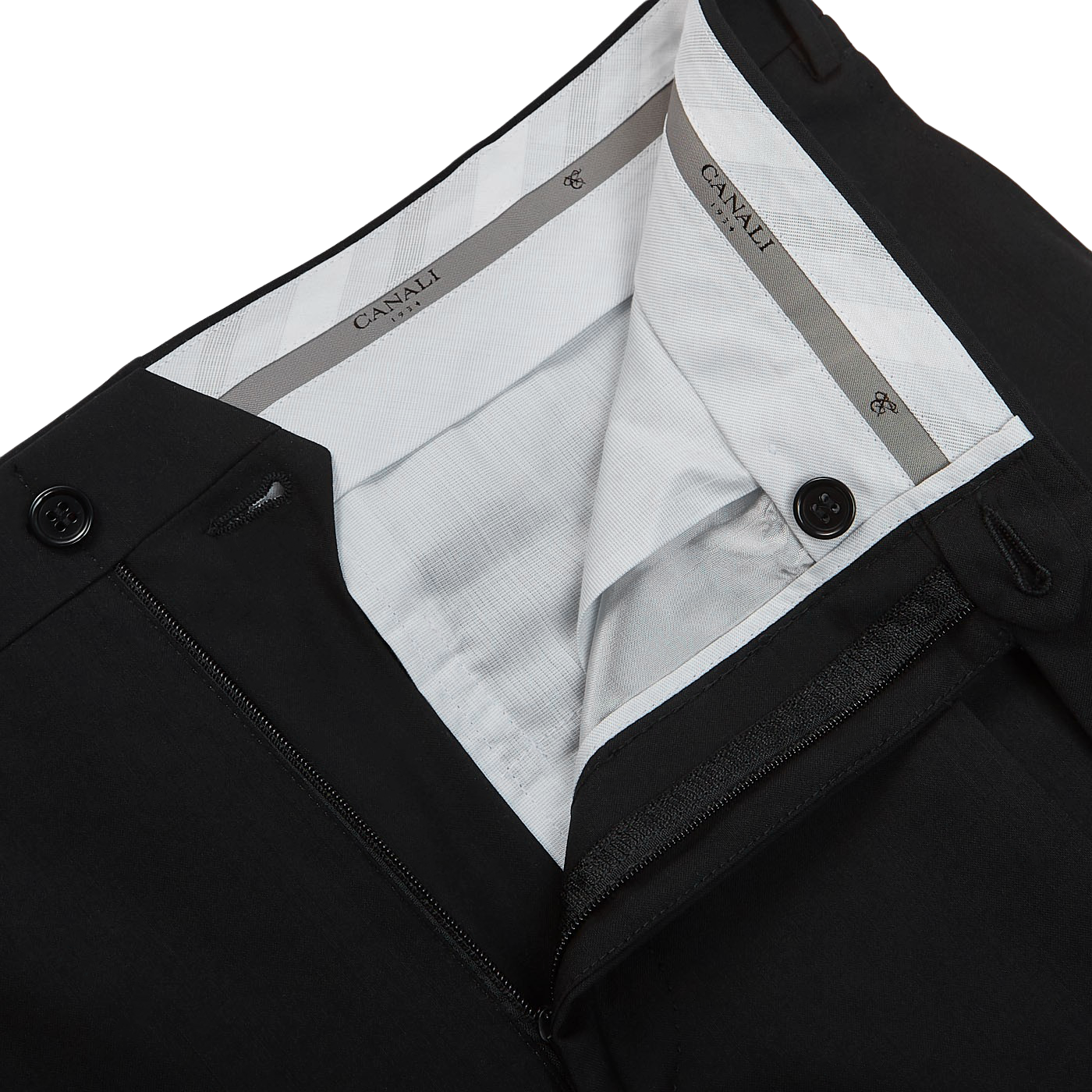 Canali Black Tropical Wool Single Pleat Trousers Zipper
