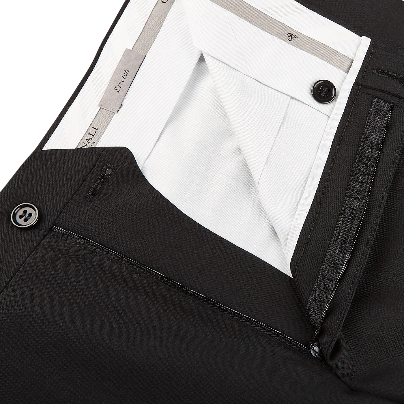 Canali Black Wool Stretch Flat Front Trousers Zipper