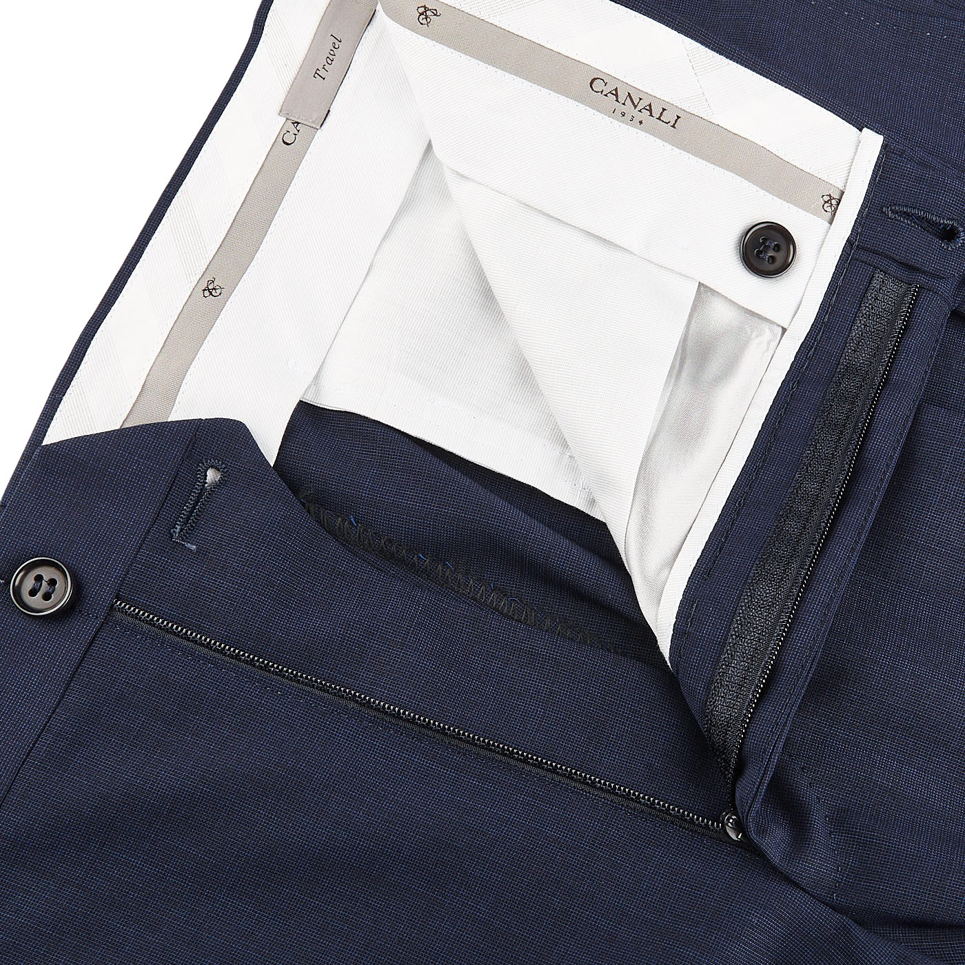 Canali Blue Melange Travel Wool Single Pleat Trousers Zipper