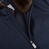 Canali Blue Melange Wool Fur Collar Blouson Open