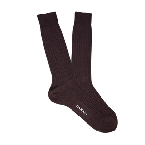 A pair of Canali ribbed brown Egyptian cotton socks on a white background.