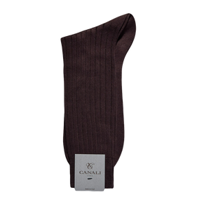 A pair of Canali Brown Ribbed Cotton Socks with reinforced heels and toes on a white background.