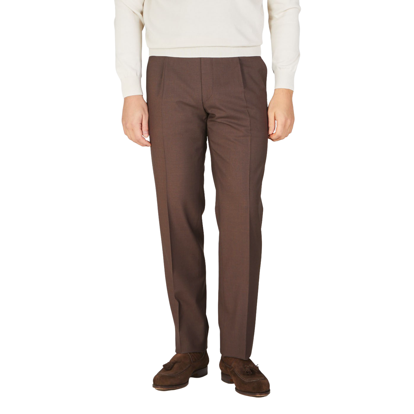 Canali Brown Tropical Wool Single Pleat Trousers Front
