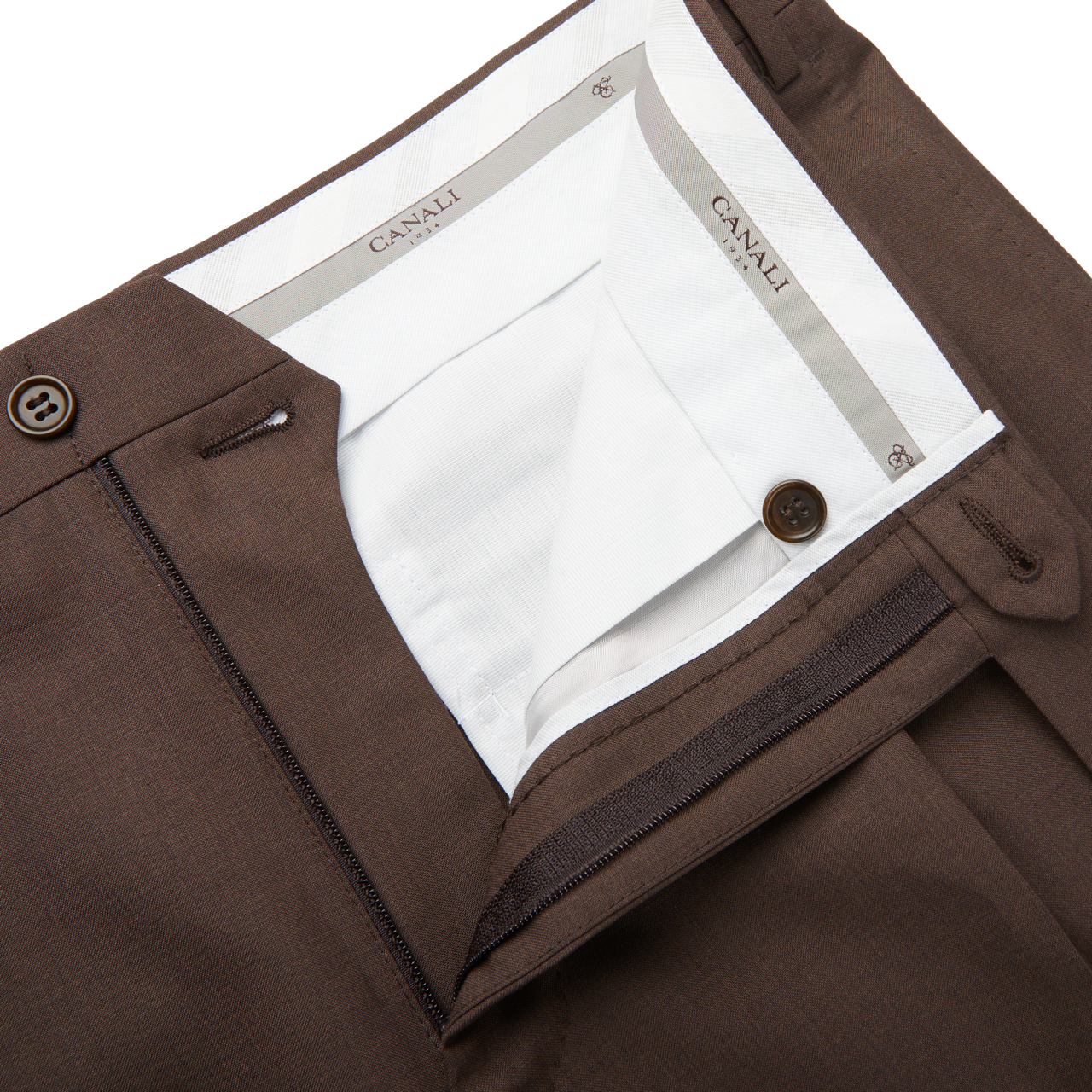 Canali Brown Tropical Wool Single Pleat Trousers Zipper