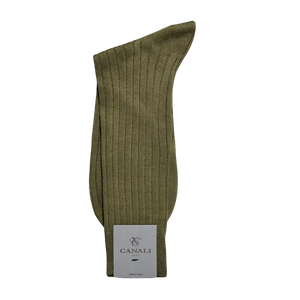 A pair of snug Green Ribbed Cotton Socks made with Egyptian cotton for enhanced comfort and hand-linked toes from the brand Canali.
