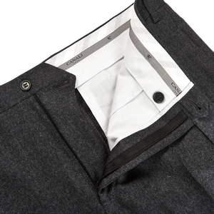Canali Grey Wool Flannel Flat Front Trousers Zipper 22983