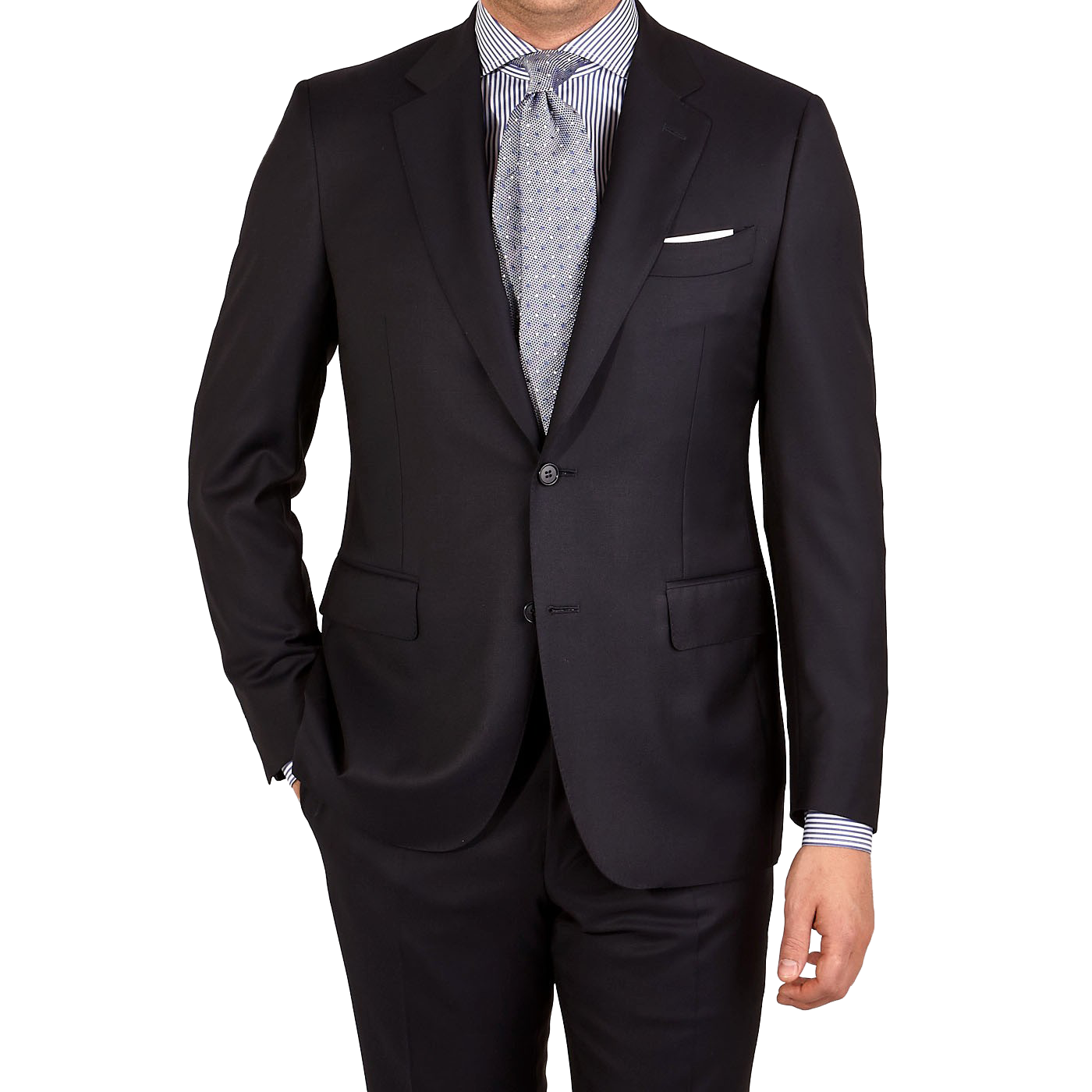 A man is posing for a picture in a Canali Navy Blue Wool Notch Lapel Suit with structured shoulders.