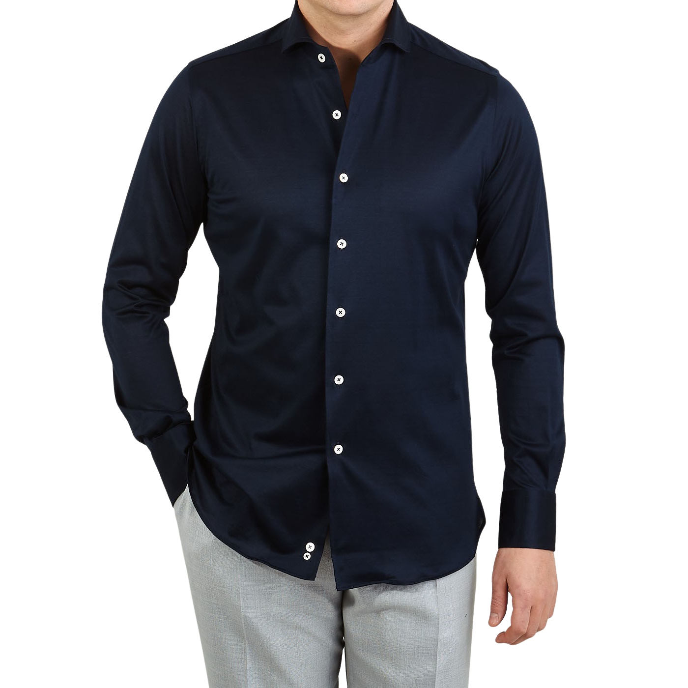 Canali Navy Cotton Jersey Casual Shirt Front