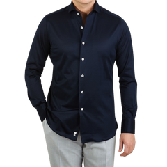 Canali Navy Cotton Jersey Casual Shirt Front