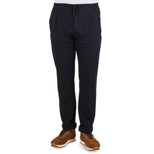 Canali Navy Cotton Stretch Drawstring Casual Trousers Front