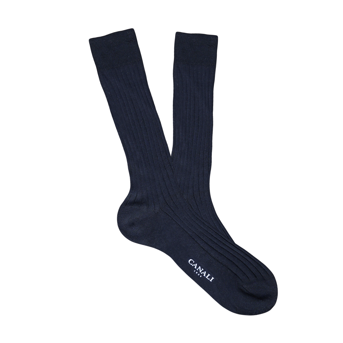 A pair of Canali navy ribbed cotton socks on a white background.