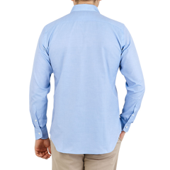 Canali Sky Blue Cotton Cut Away Shirt Back