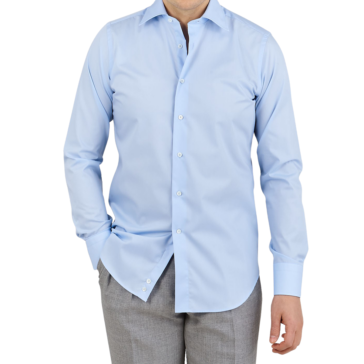 Canali Sky Blue Plain Cotton Shirt Front