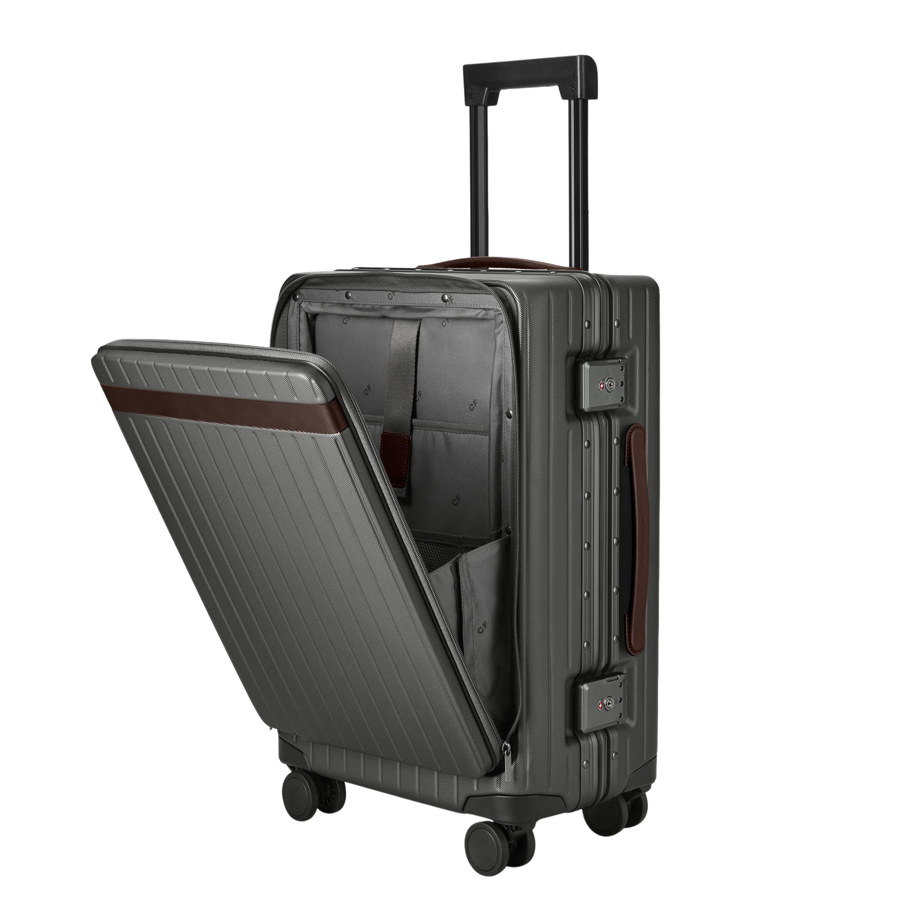 An image of a Carl Friedrik Polycarbonate Chocolate Leather Carry-on Pro suitcase on wheels with a laptop compartment.