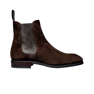 The expertly crafted Dark Brown Suede Carmina Chelsea boot is shown on a white background.
