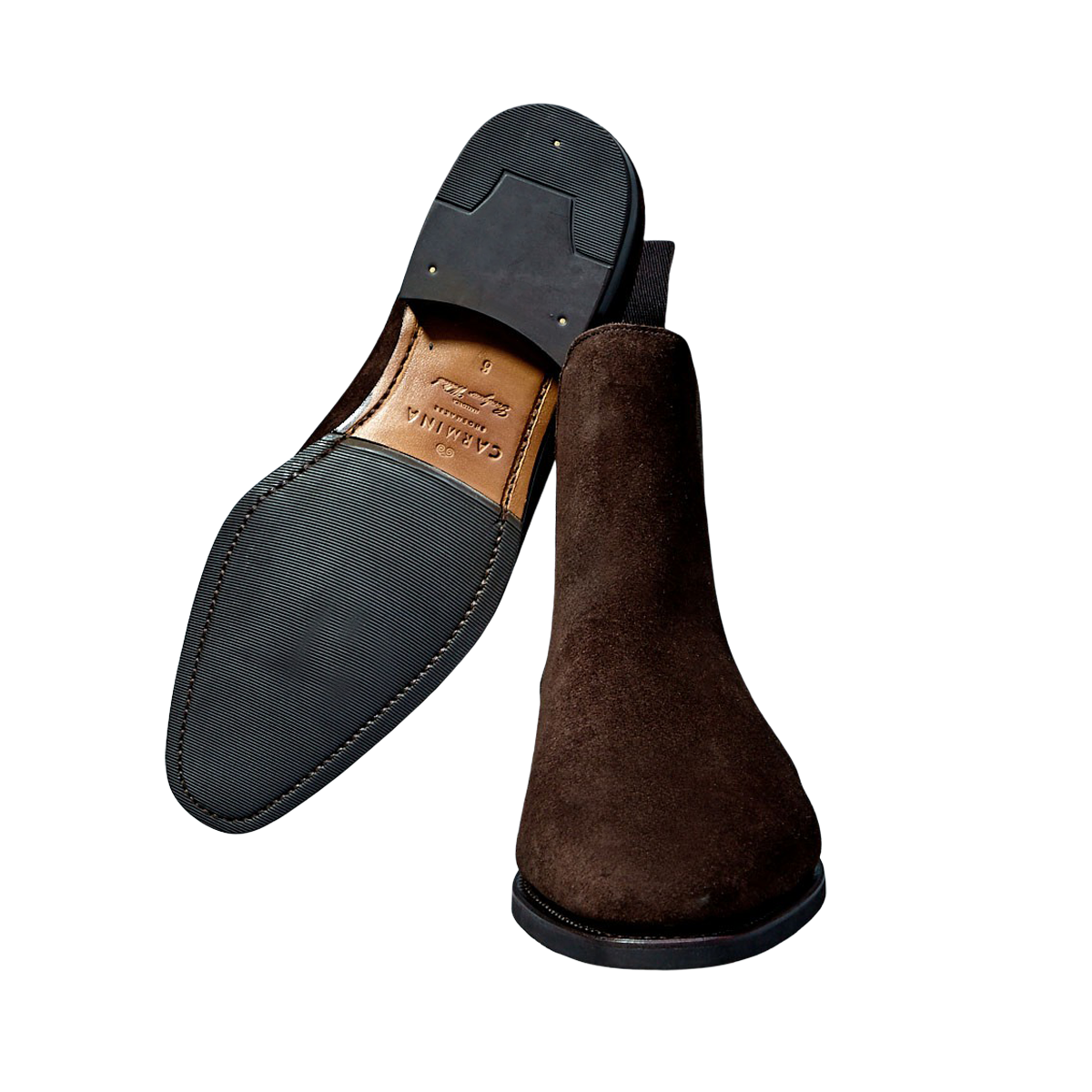 Handcrafted Dark Brown Suede Carmina Simpson Chelsea Boots on a white surface.