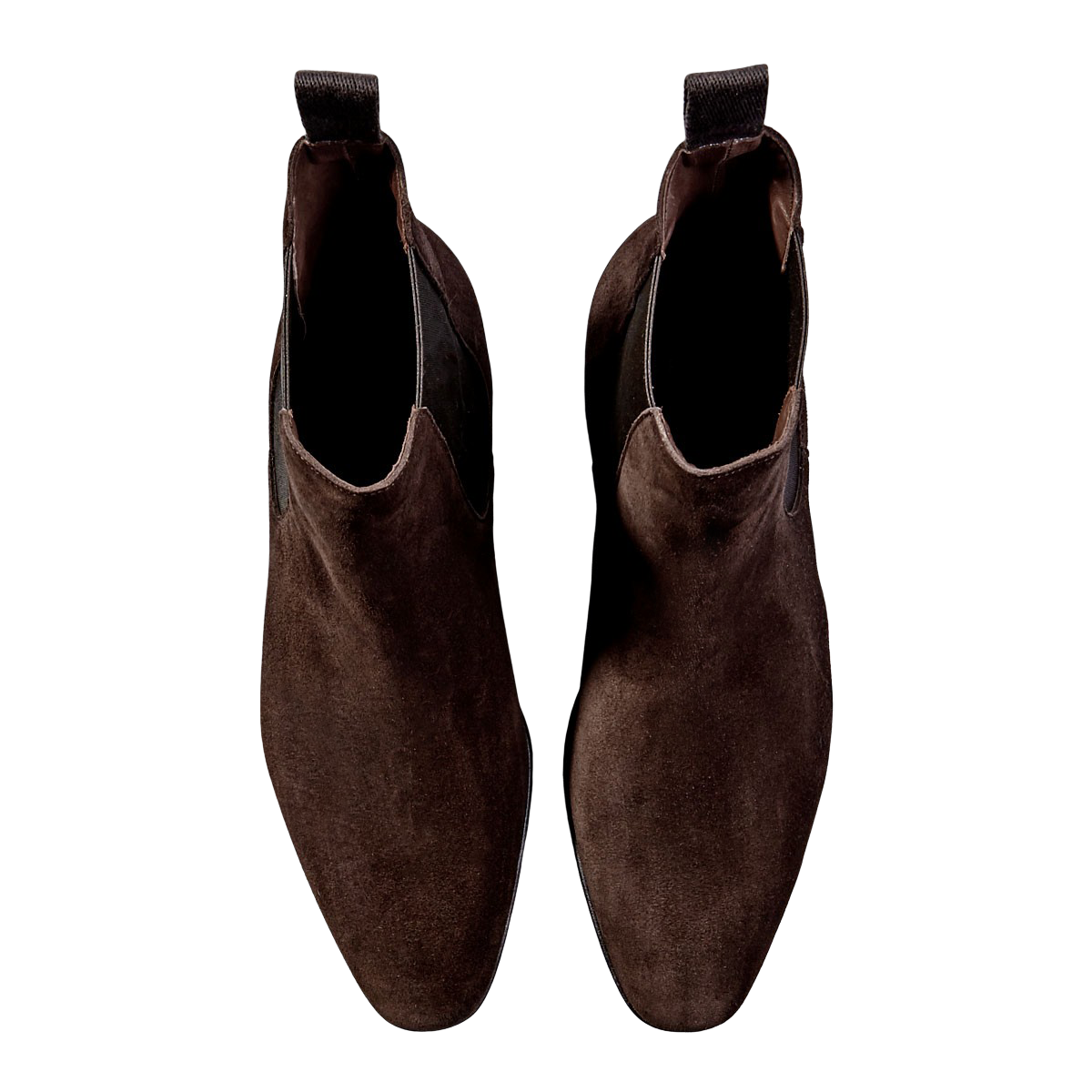 A pair of Dark Brown Suede Carmina Simpson Chelsea Boots on a white background.