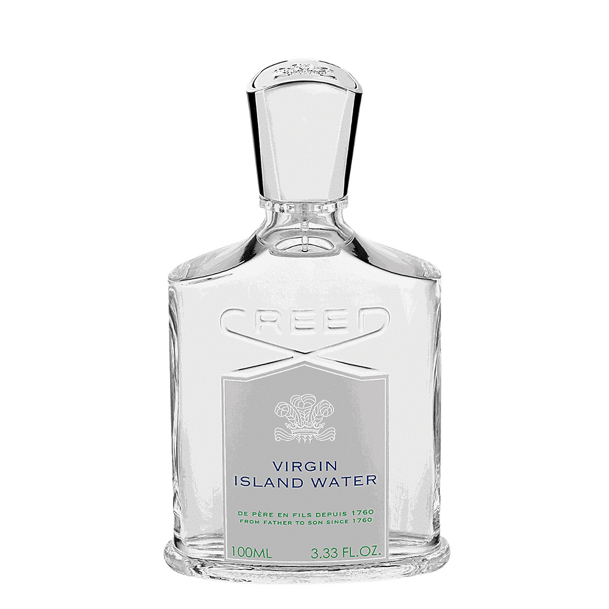 A clear glass bottle of Creed Virgin Island Water Eau de Parfum 100ml, with 100 ml (3.33 fl. oz) of the exquisite Creed scent inspired by the Caribbean Islands, displayed against a white background.