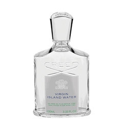 A clear glass bottle of Creed Virgin Island Water Eau de Parfum 100ml, with 100 ml (3.33 fl. oz) of the exquisite Creed scent inspired by the Caribbean Islands, displayed against a white background.