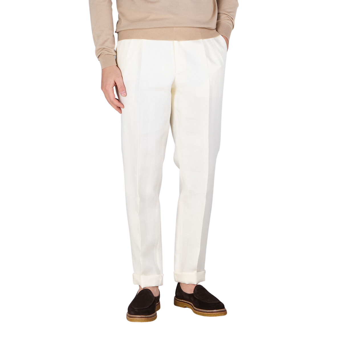 De Petrillo Cream White Linen Twill Modello B Trousers Front
