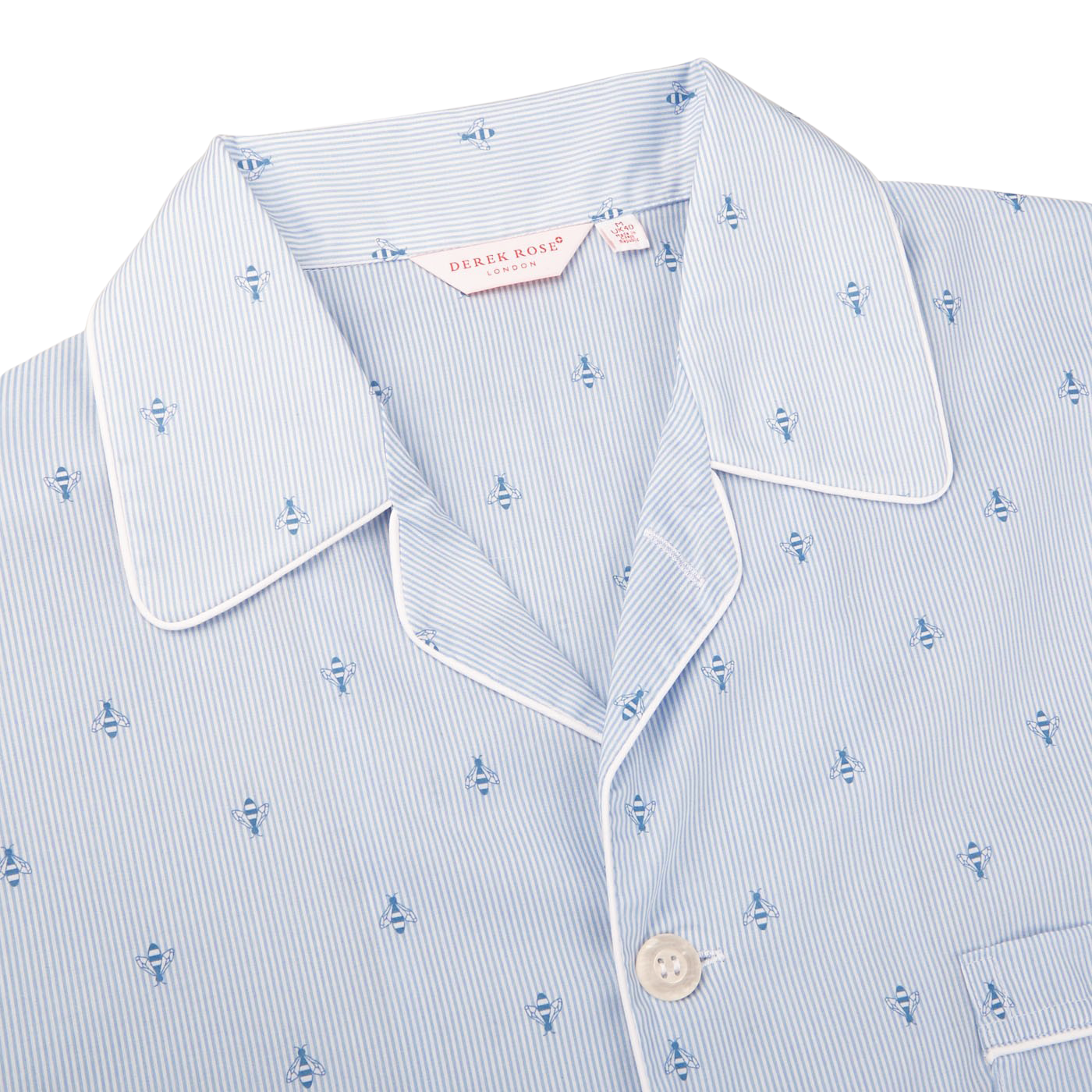 Derek Rose Blue Bee Motif Cotton Classic Fit Pyjamas Collar