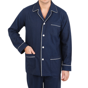 Derek Rose Blue Piped Cotton Classic Fit Pyjamas Front 1
