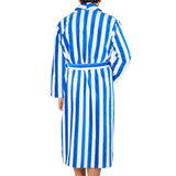 A woman wearing a Derek Rose Blue White Striped Cotton Velour Towelling Gown.