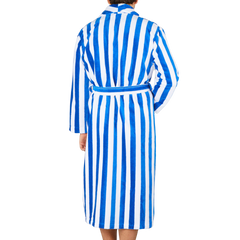 A woman wearing a Derek Rose Blue White Striped Cotton Velour Towelling Gown.