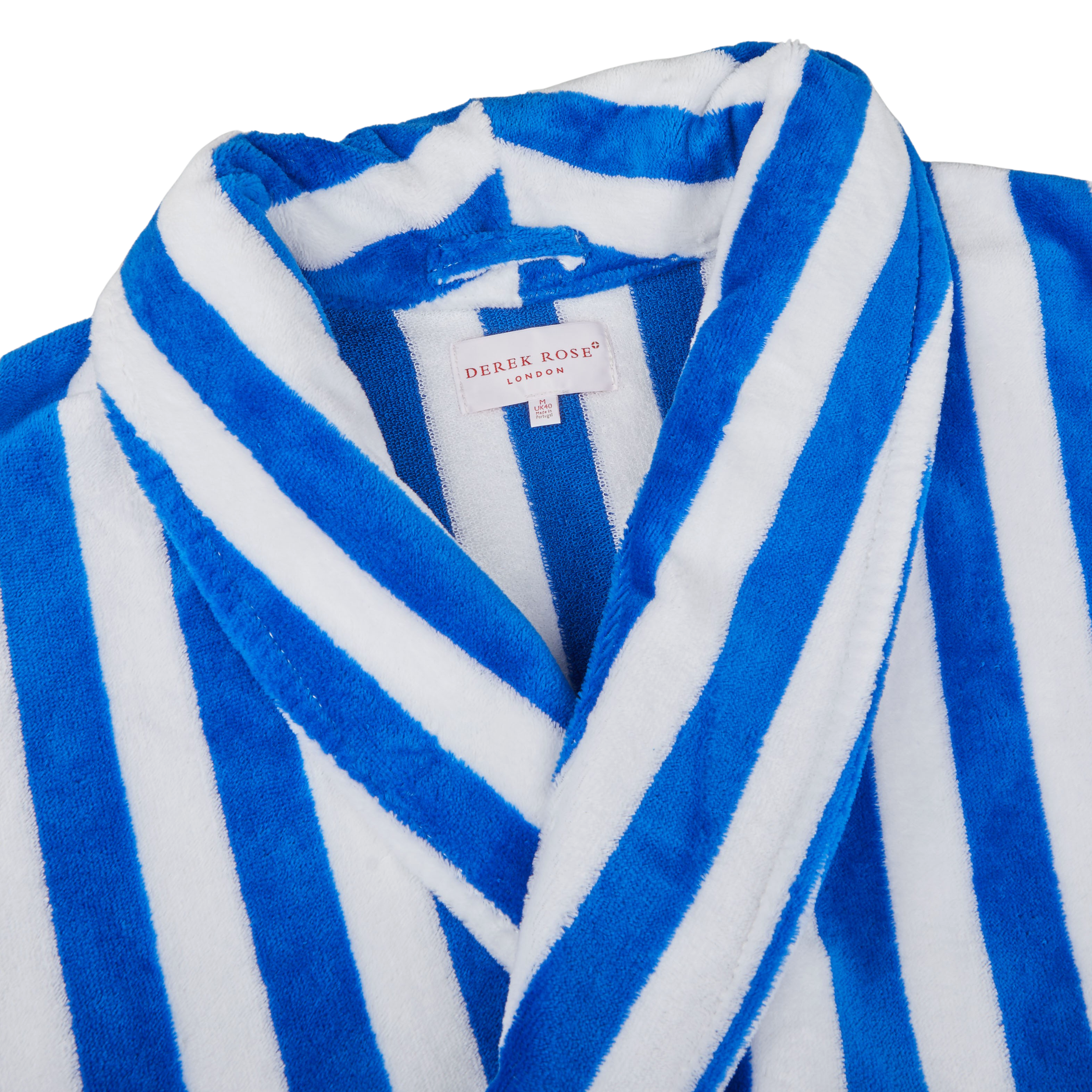 Derek Rose Blue White Striped Cotton Velour Towelling Gown Collar2