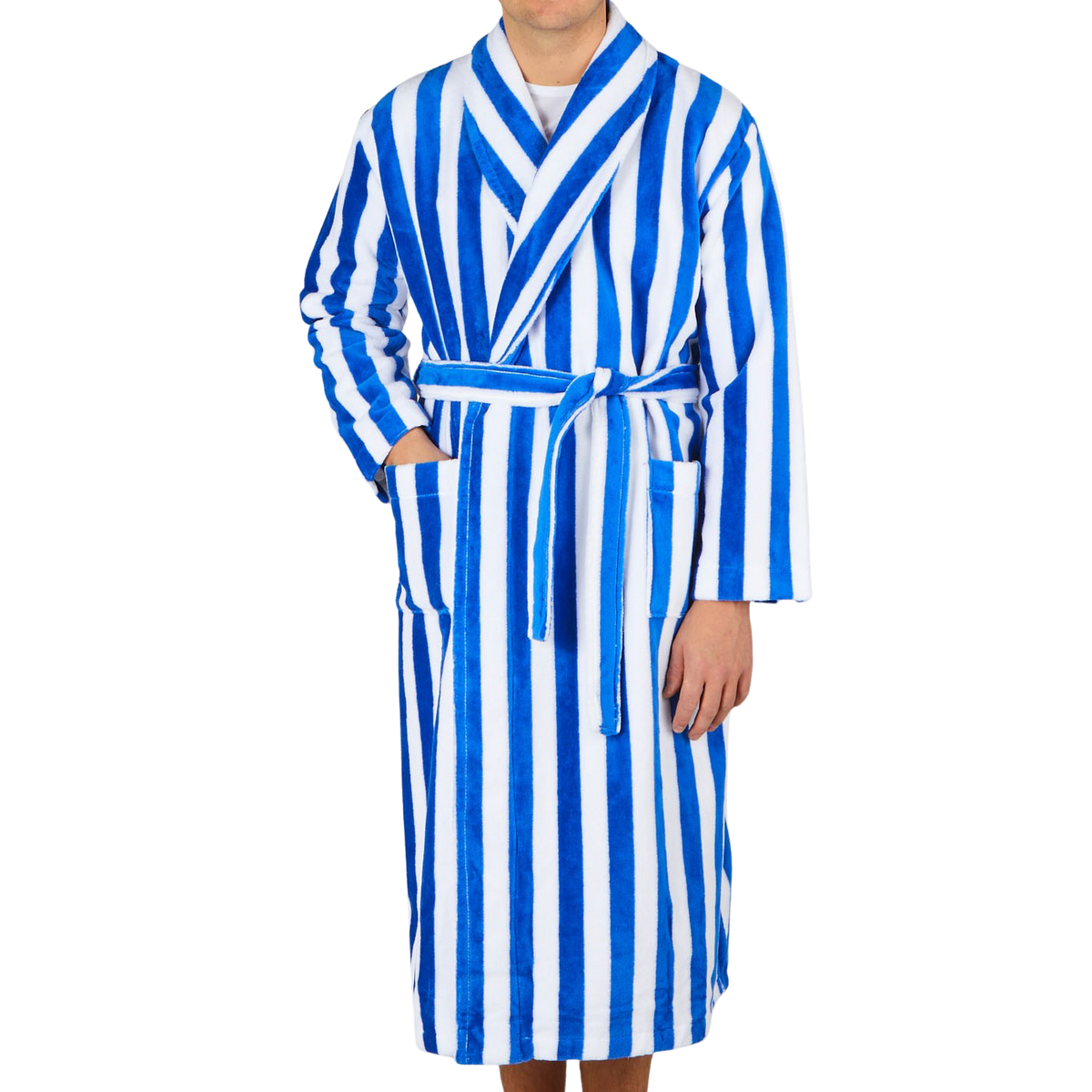 Derek Rose Blue White Striped Cotton Velour Towelling Gown Front