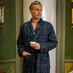 Derek Rose Navy Black Watch Tartan Dressing Gown Model