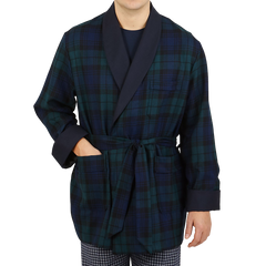 Derek Rose Navy Black Watch Tartan Smoking Jacket Front