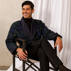 Derek Rose Navy Black Watch Tartan Smoking Jacket Model