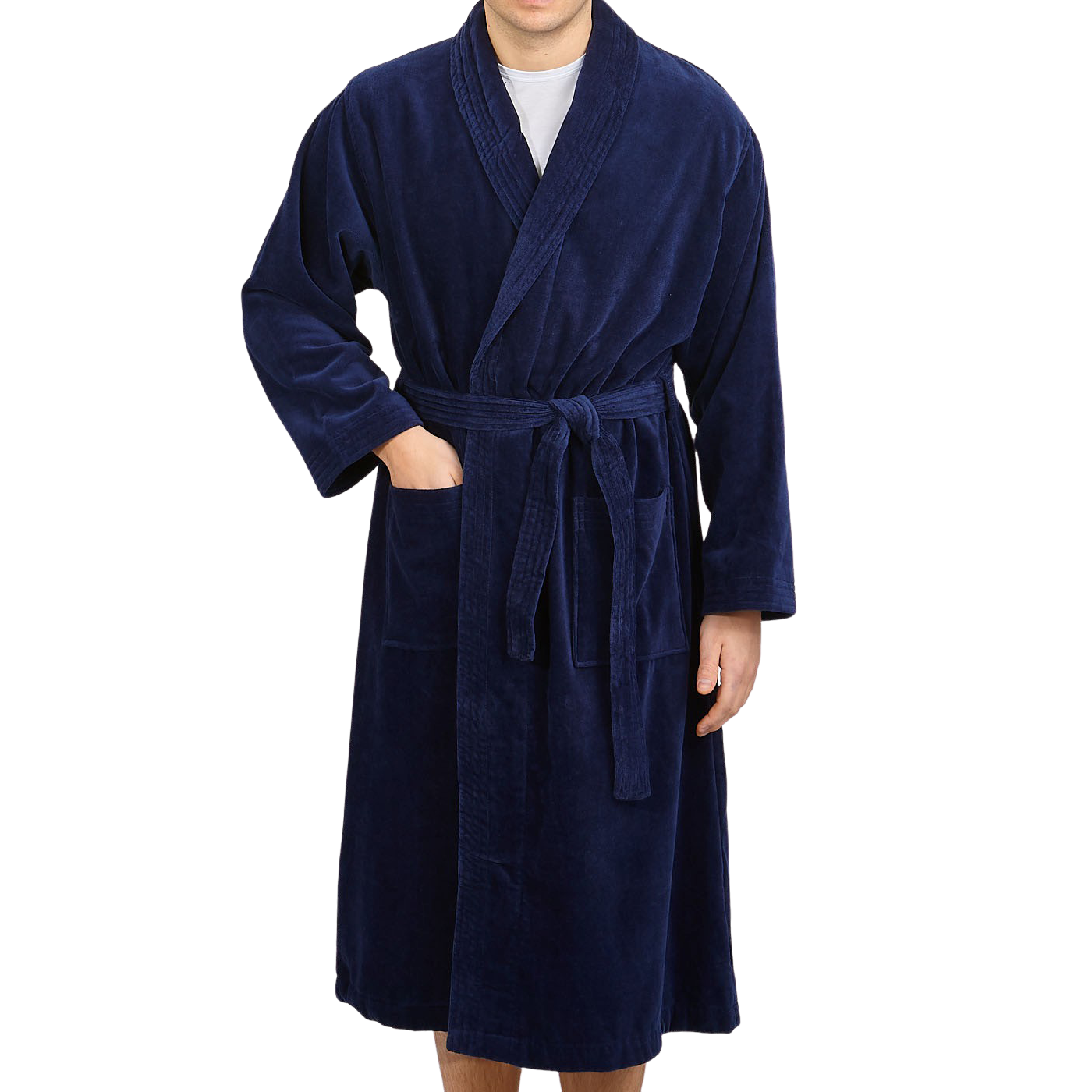 Derek Rose Navy Cotton Velour Towelling Gown Front