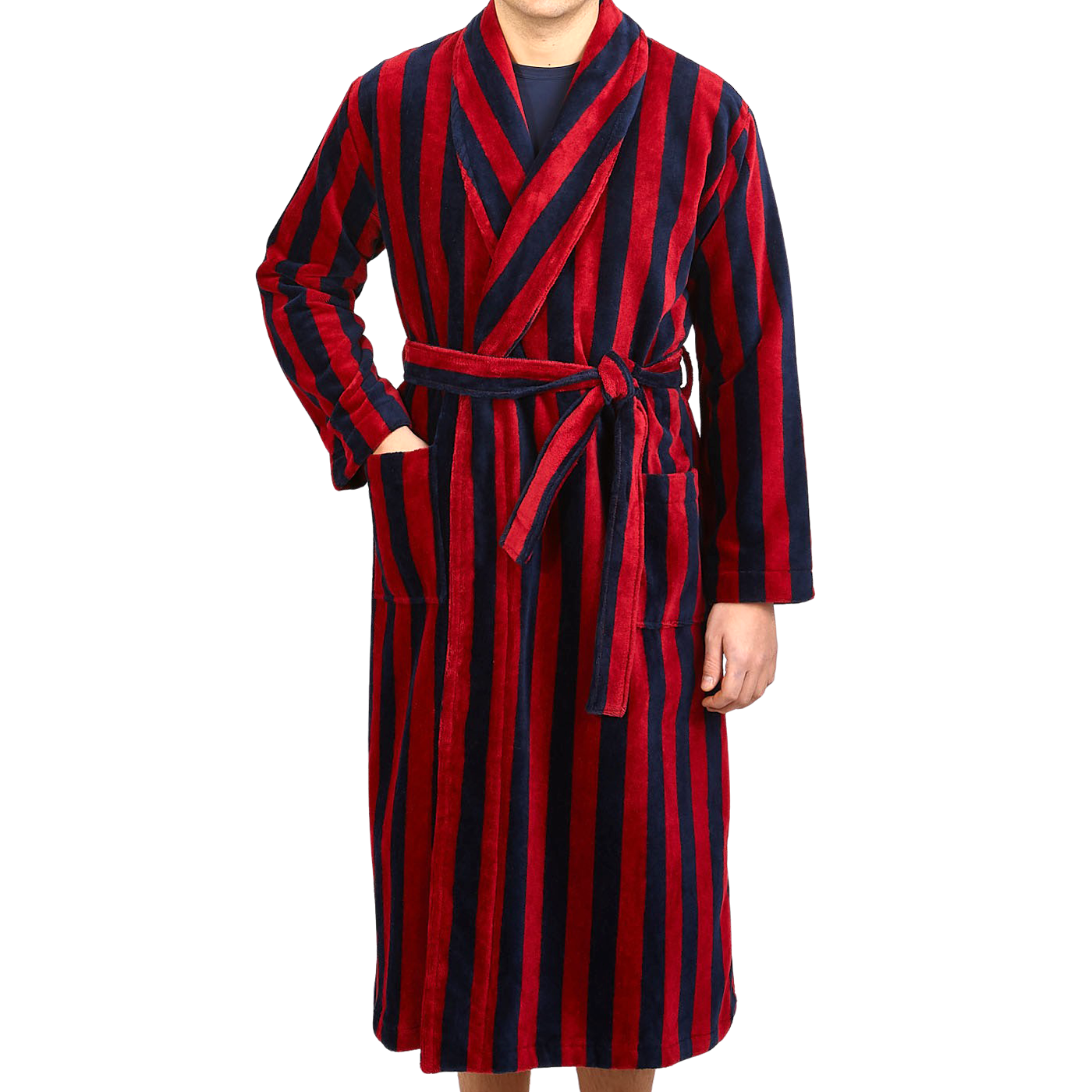 Derek Rose Navy Striped Cotton Velour Towelling Gown Front