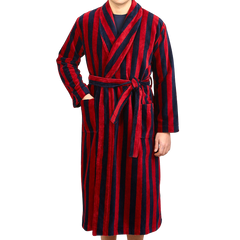 Derek Rose Navy Striped Cotton Velour Towelling Gown Front