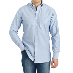 Drake's Blue Classic Pinpoint Cotton Oxford BD Shirt Front