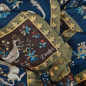 Drake's Blue Wool Silk Unicorn Print Scarf Fabric