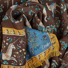 Drake's Brown Wool Silk Unicorn Print Scarf Fabric