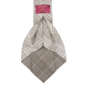 Dreaming of Monday Beige Checked 7-Fold Wool Silk Linen Tie Open