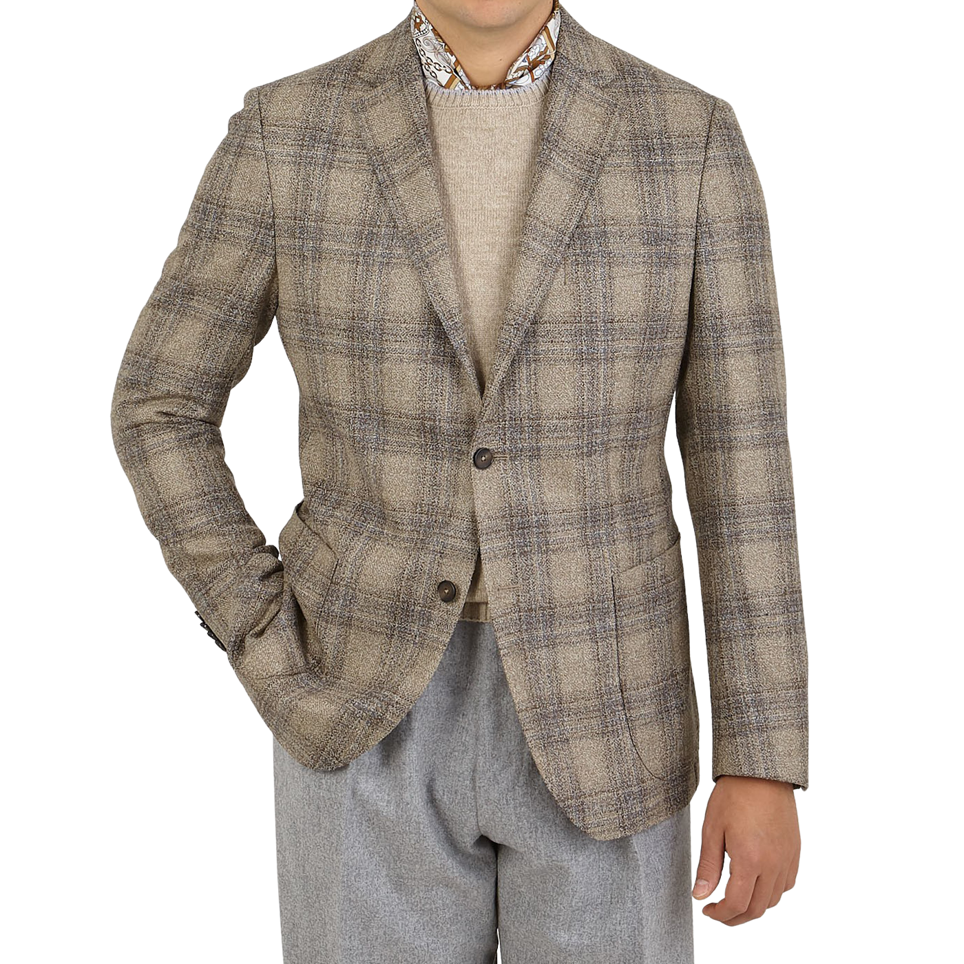 Eduard Dressler Beige Checked Wool Tweed Sendrik Blazer Front